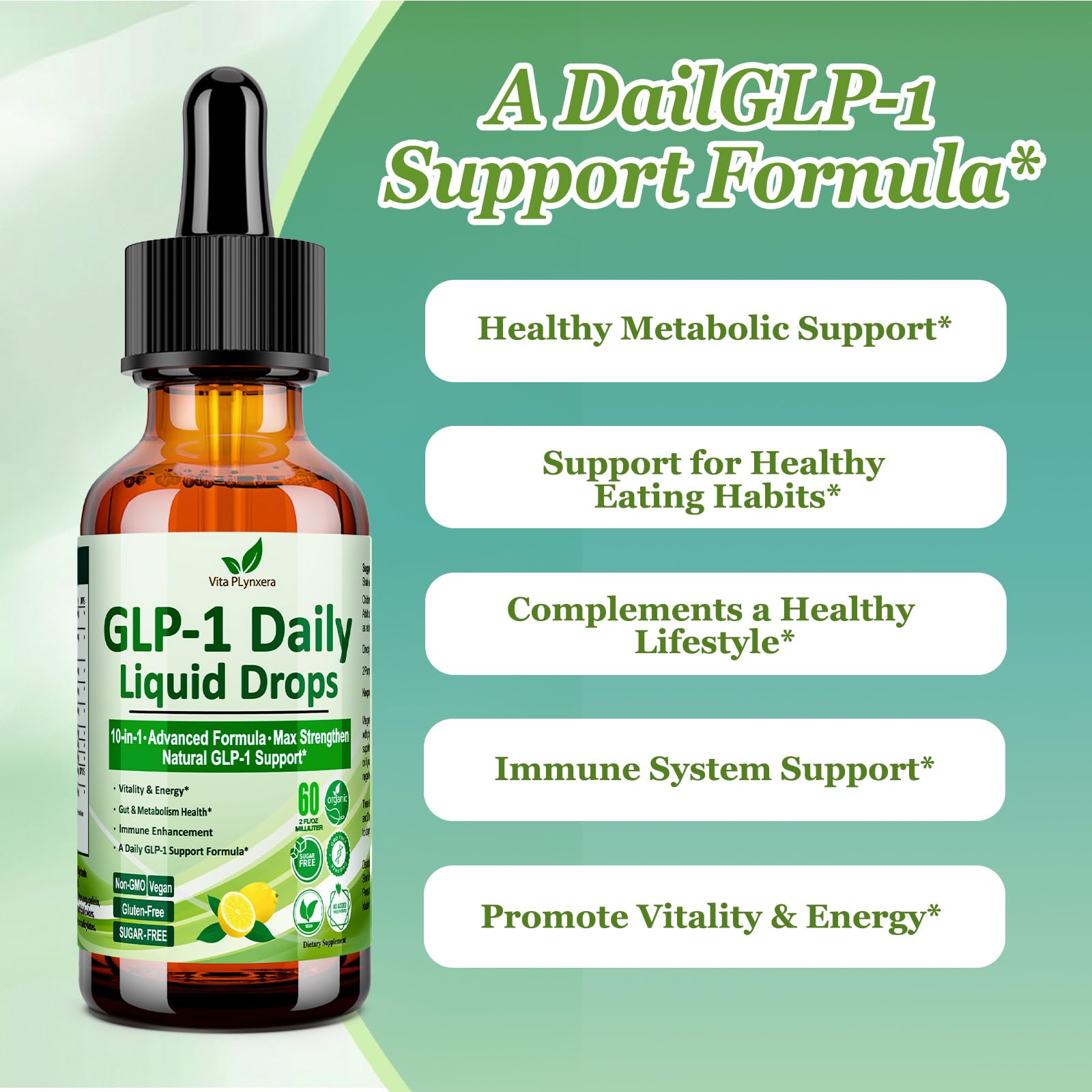 Lemon-flavored Vita PLynxera GLP-1 Drops in a bottle.