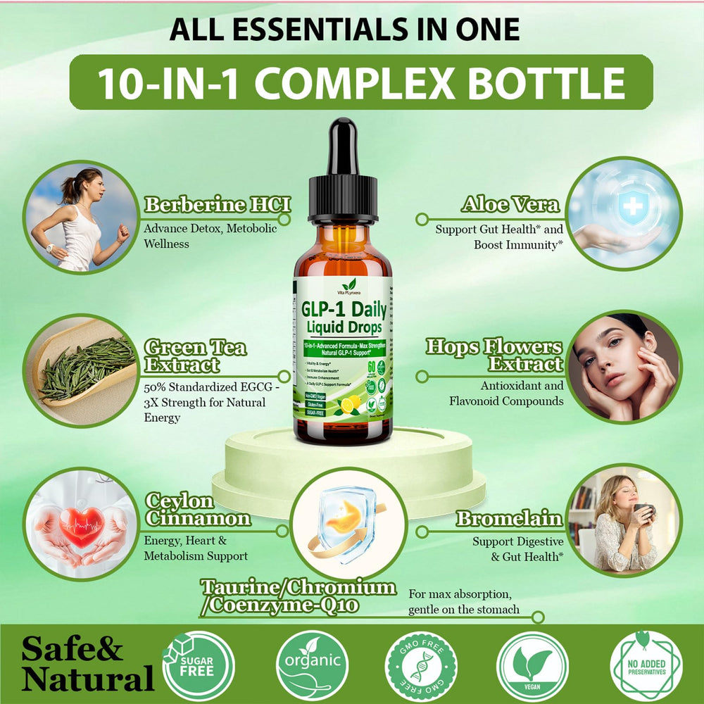 Pouring Vita PLynxera GLP-1 Drops for daily use with lemon flavor.
