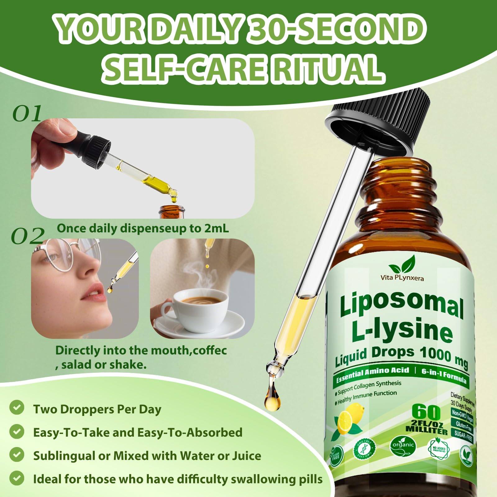 Vita PLynxera lemon-flavor lysine drops masking bitterness for easy dosing.