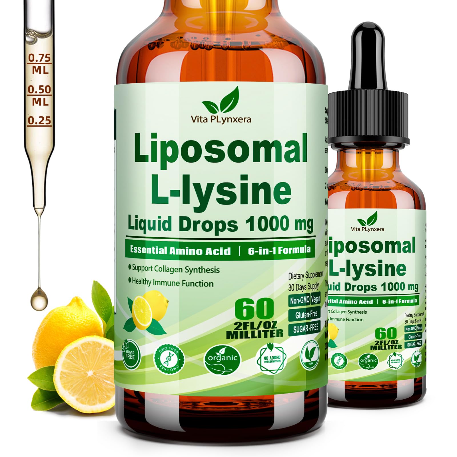 Vita PLynxera L-Lysine liquid drops bottle for daily immune and lip health support.
