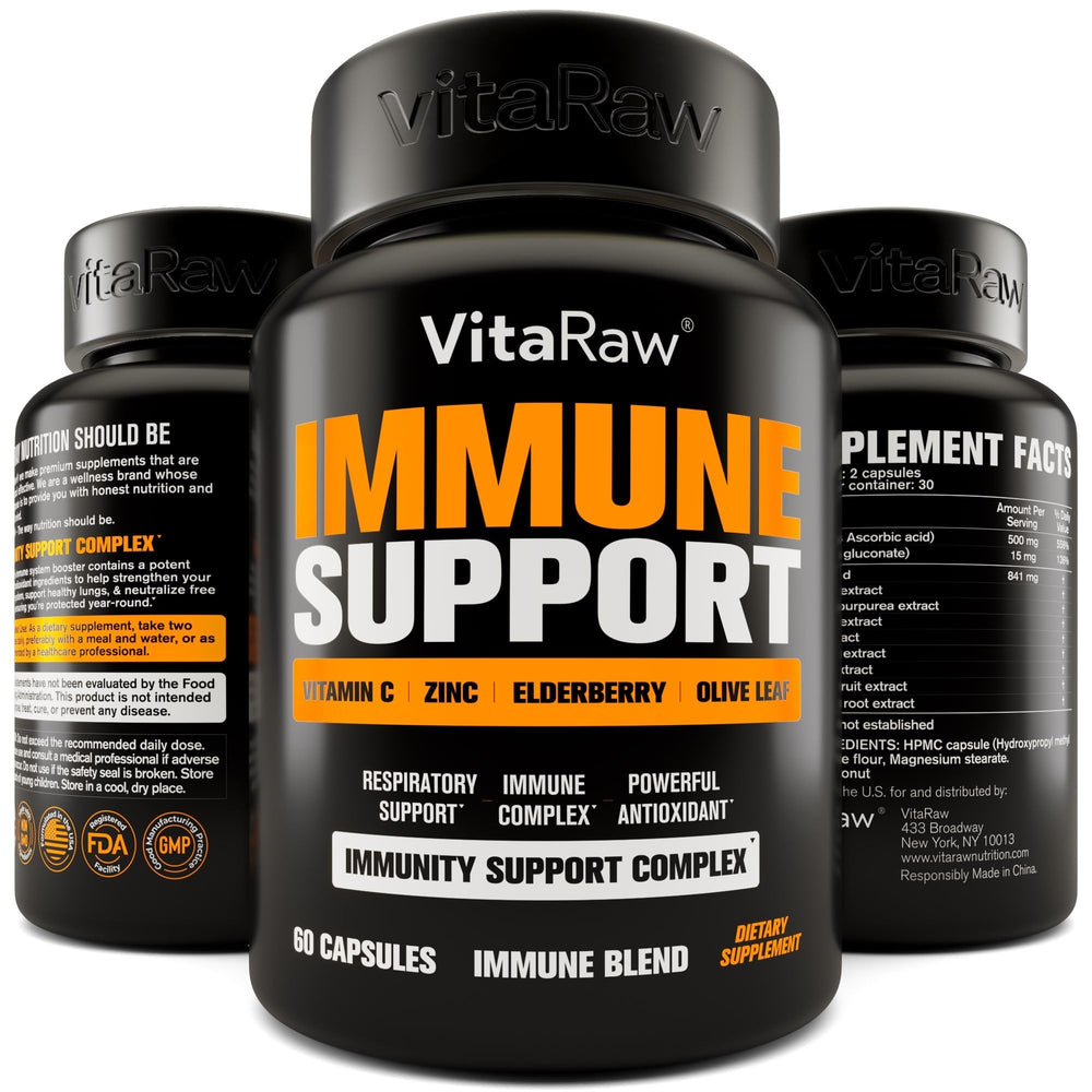 VitaRaw immune bottle label supports daily wellness with elderberry and vitamin C.