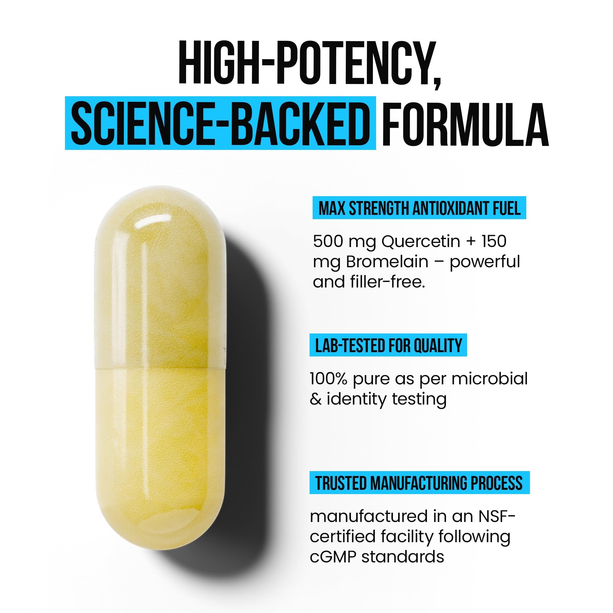 Dosage image for VitaRaw Quercetin with Bromelain shows four-capsule serving