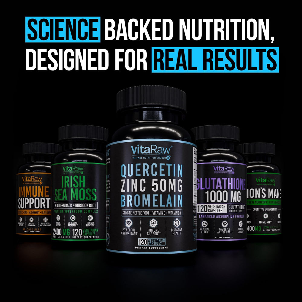 Label on VitaRaw Quercetin with Bromelain capsules demonstrates natural formulation