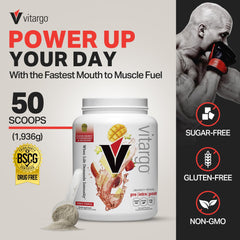 Vitargo Fruit Punch measuring scoop beside tub for easy intra-workout portions.