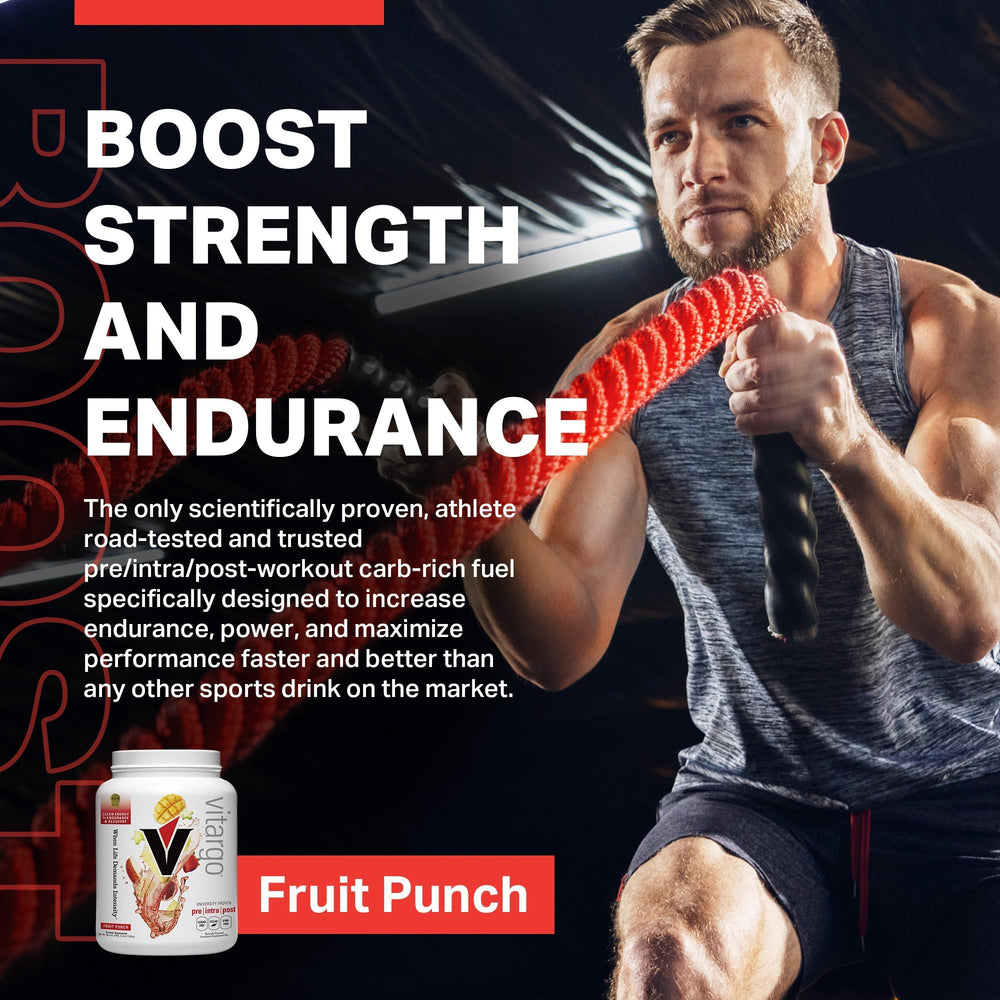 Vitargo Fruit Punch powder being poured into shaker for smooth mixing.
