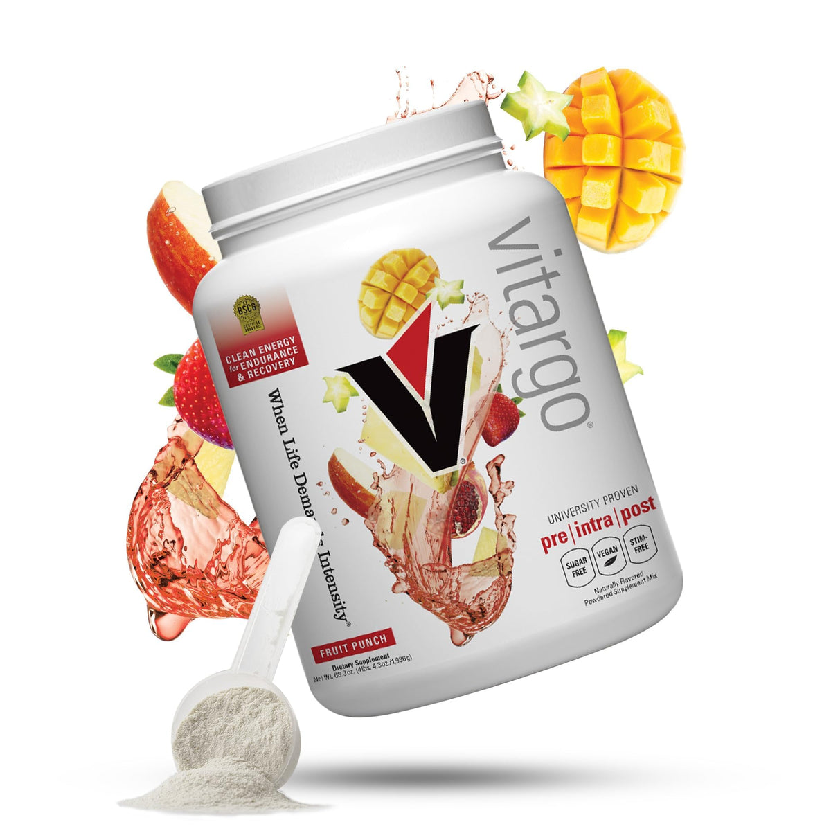 Vitargo Fruit Punch tub front view, fast-digesting carbs for pre-workout fueling.