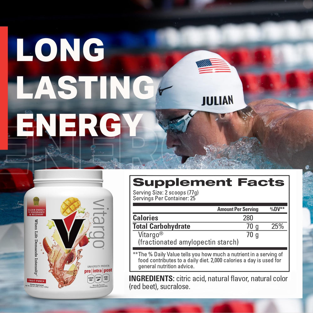Vitargo Fruit Punch seals show vegan, non-GMO, gluten-free attributes on packaging.