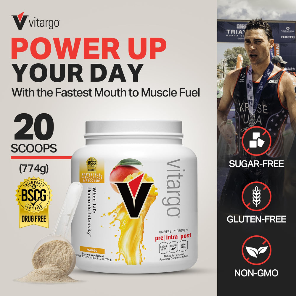 Vitargo mango powder poured into a glass for quick replenishment.