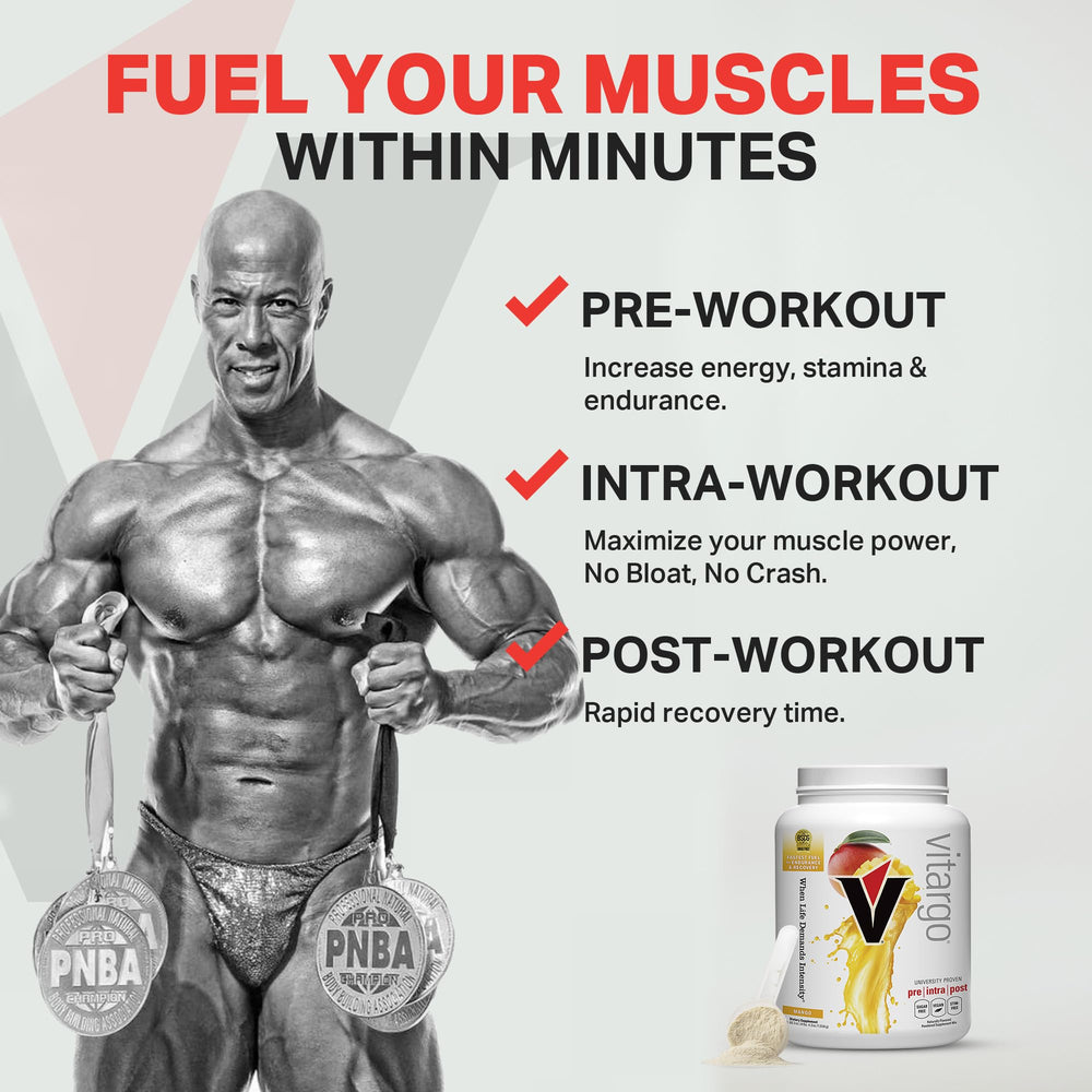 Vitargo Mango scoop shown for precise dosing and fast glycogen support.