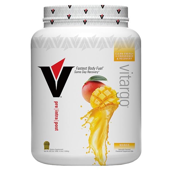 Vitargo Mango powder in shake glass provides quick, clean energy for training.