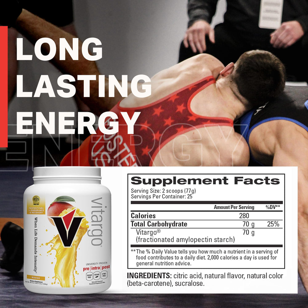 Vitargo Mango packaging indicates USA production and quality control.