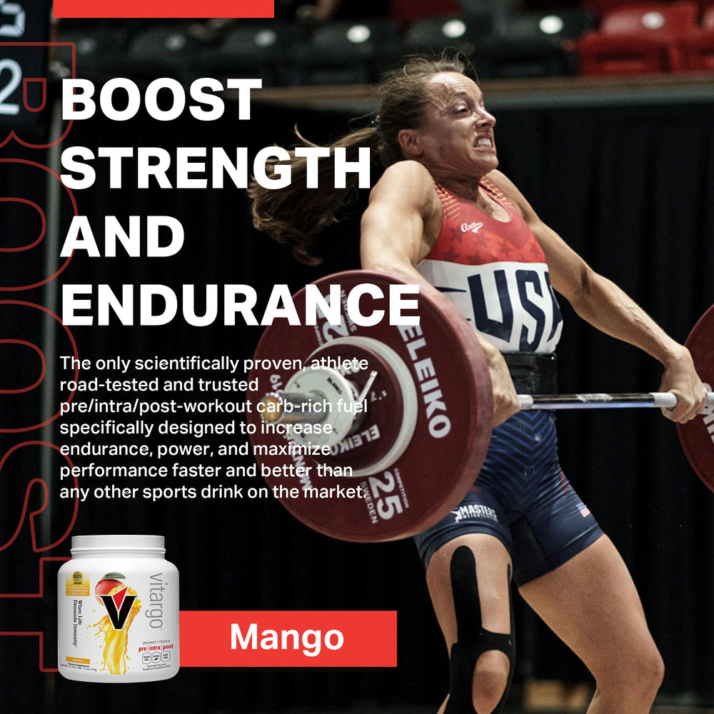 Measuring scoop with Vitargo mango powder ready to mix.
