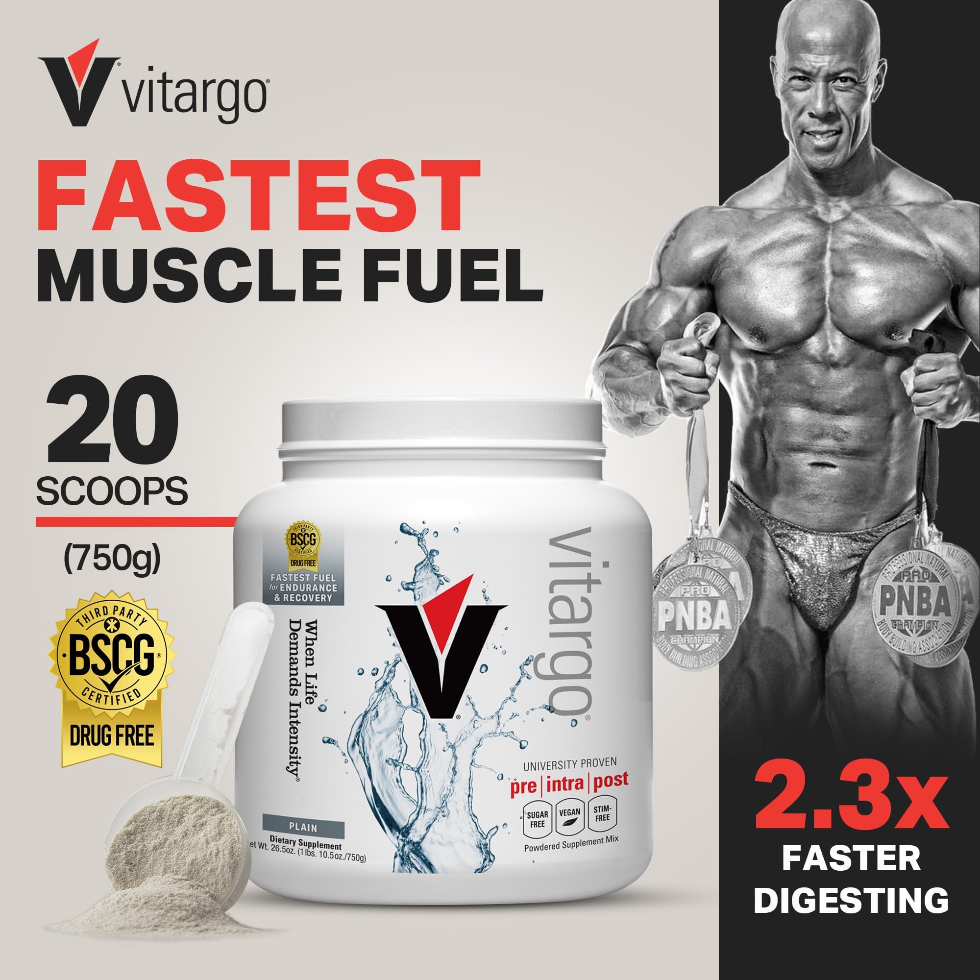 Vitargo powder scoop provides precise post-workout fueling servings