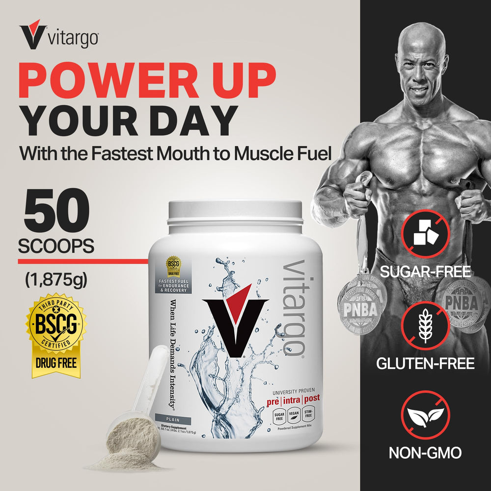 Vitargo scoop dispensing powder for fast intra-workout fueling.