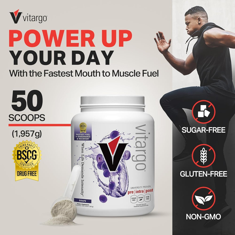 Vitargo scoop dispensing grape powder for precise pre-workout dosing.
