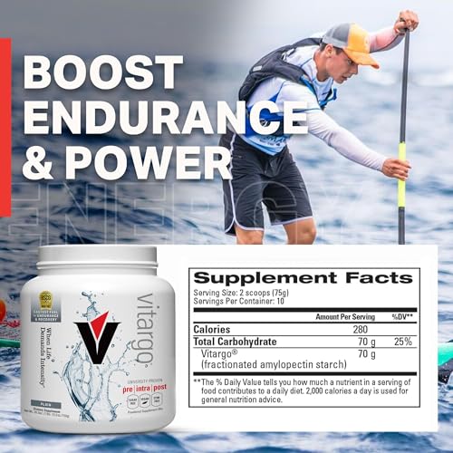 Vitargo shelf display highlights sugar-free, vegan, gluten-free powder trusted by athletes