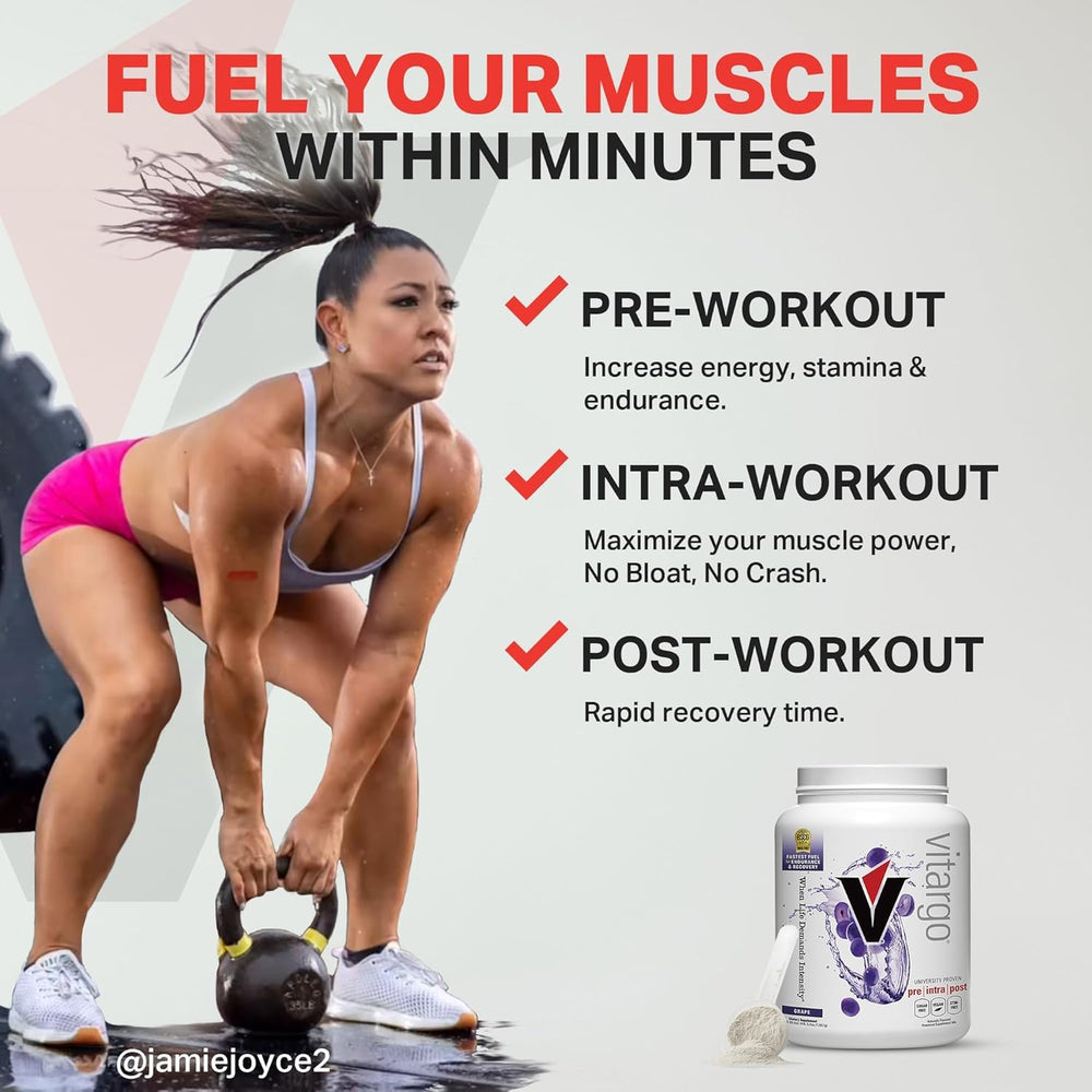 Vitargo tub label highlights vegan, sugar-free formulation and USA manufacturing.