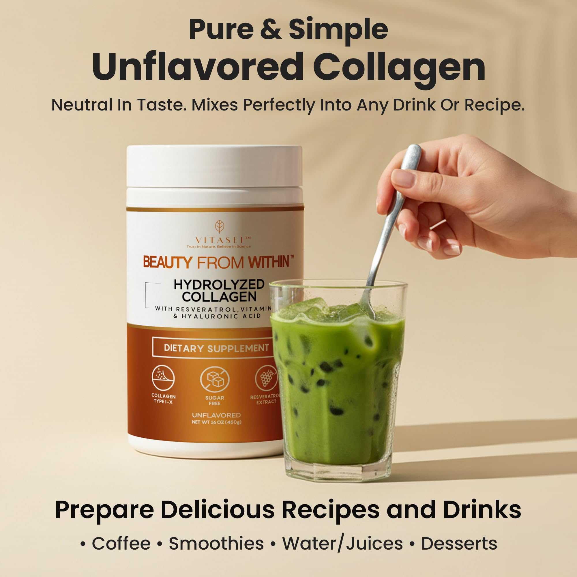 VITASEI collagen powder dissolves in coffee for a smooth morning routine.