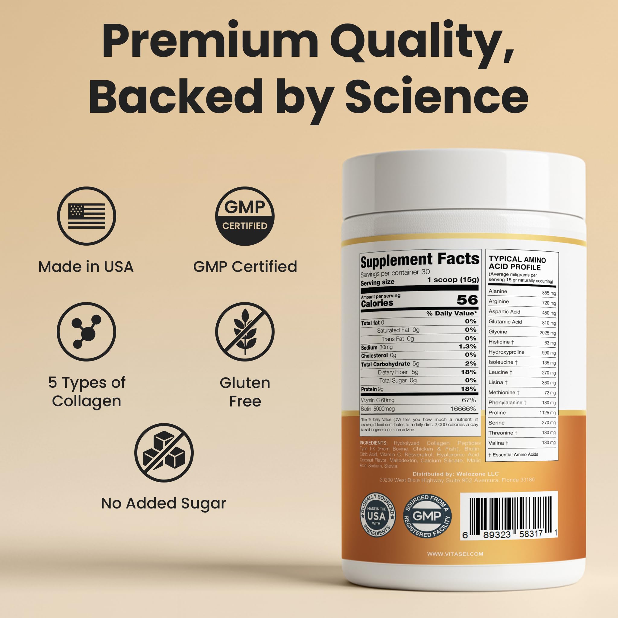 VITASEI collagen powder jar front label highlights resveratrol and hyaluronic acid benefits.