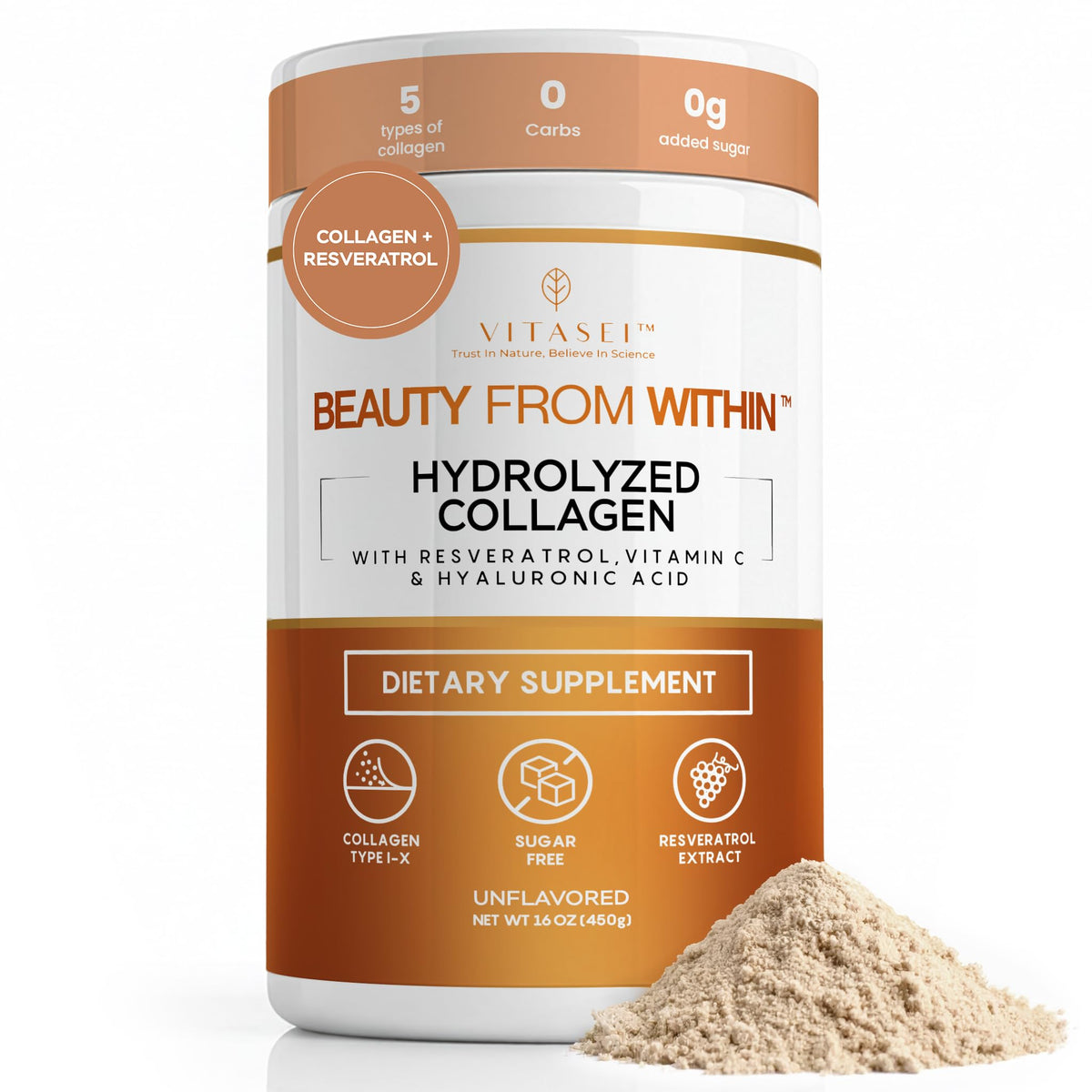 VITASEI hydrolyzed collagen powder bottle pour for easy daily beauty support.