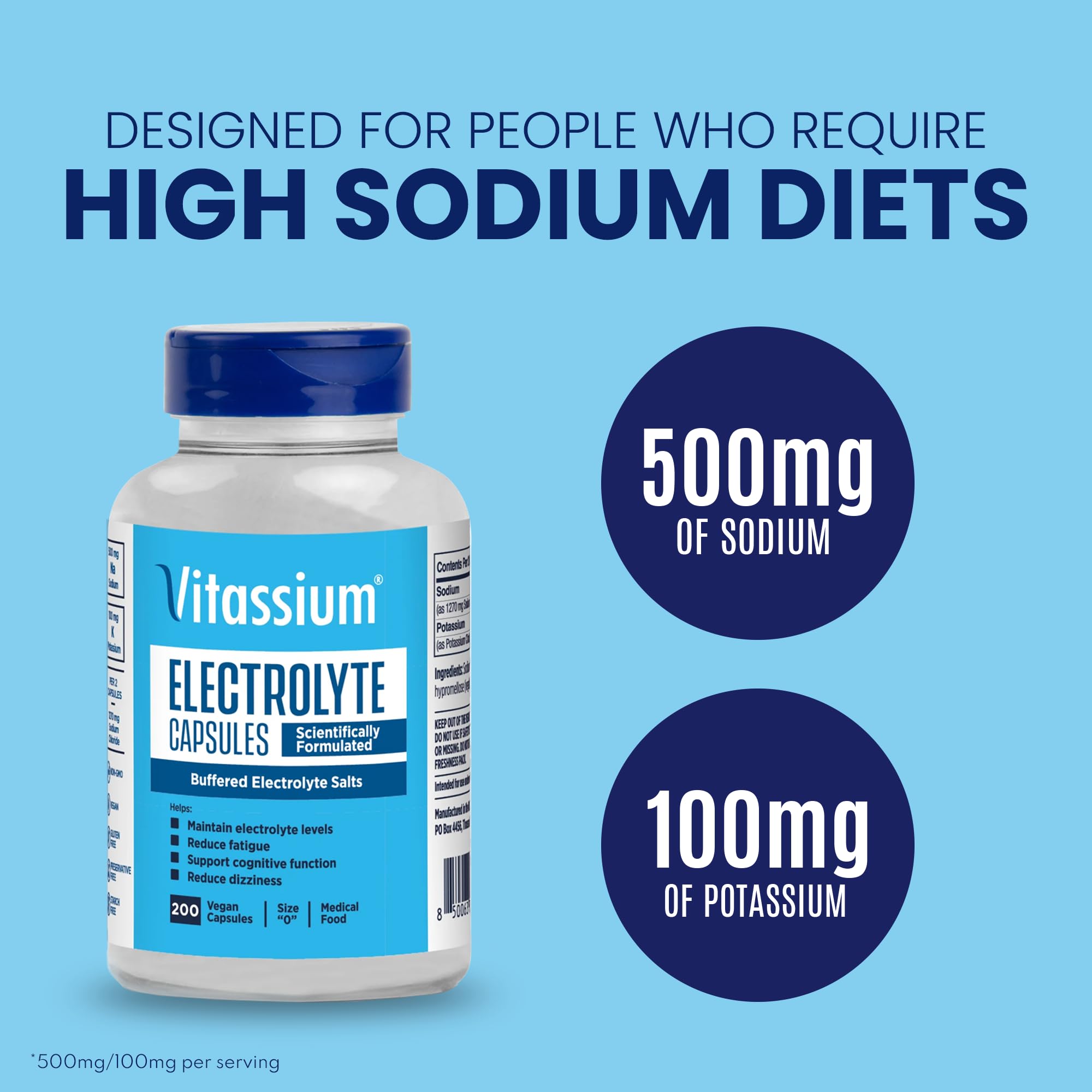 Vitassium capsules close-up, small unflavored pills for easy electrolyte intake.