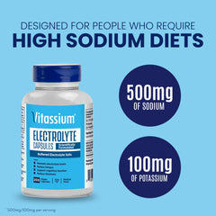 Vitassium capsules close-up, small unflavored pills for easy electrolyte intake.