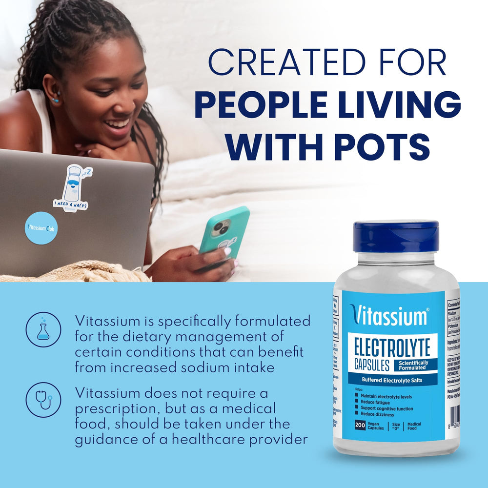 Vitassium electrolyte capsules portable bottle for on-the-go salt management.