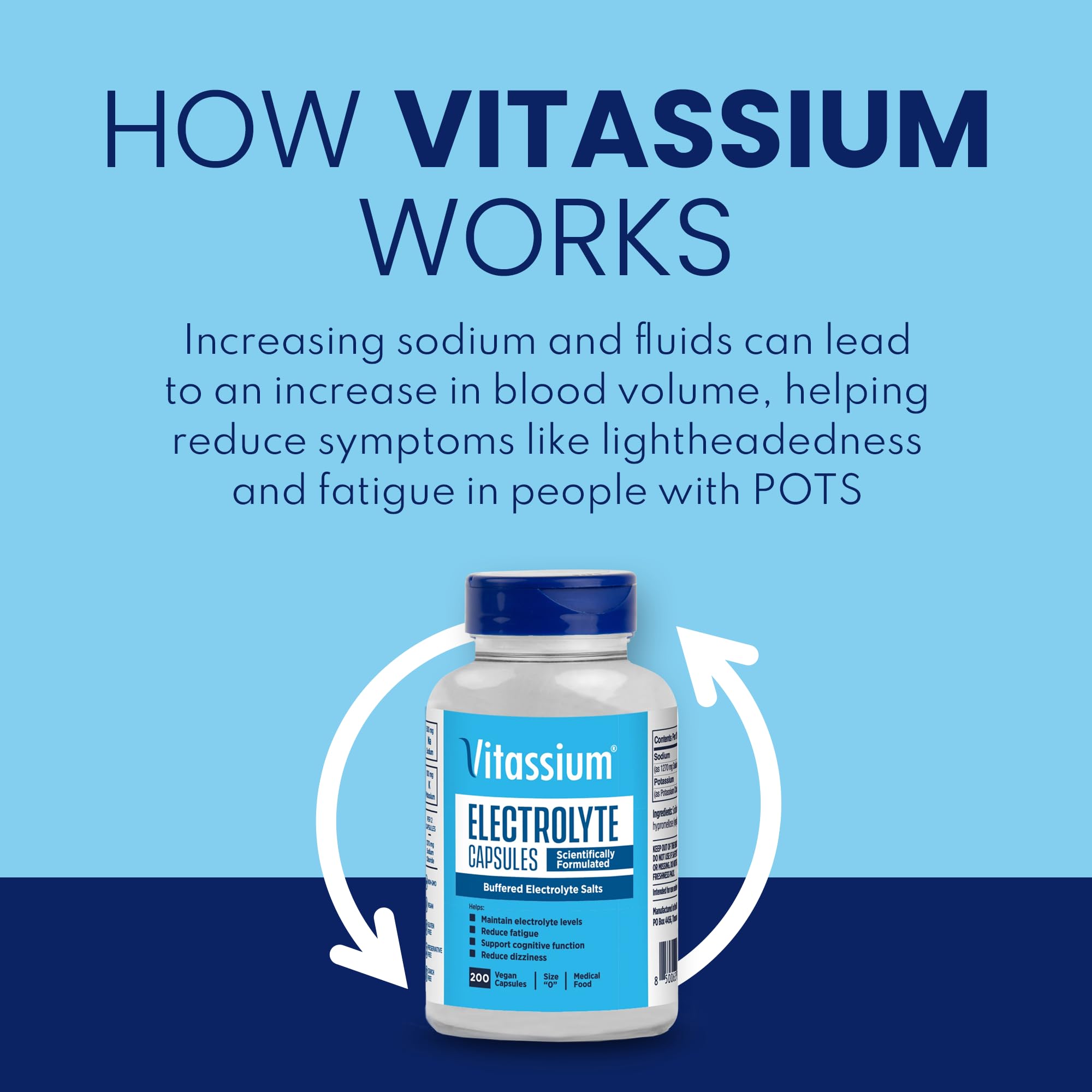 Vitassium electrolyte capsules unflavored tablet on white background.