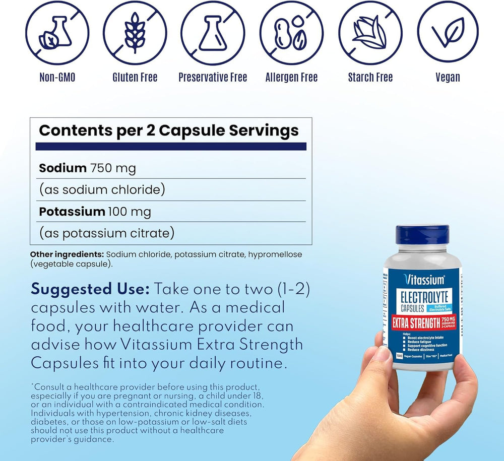 Vitassium bottle on desk suggests daily routine for electrolyte support.