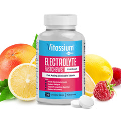 Vitassium FastChews fruit punch tablets in bottle for fast-acting electrolyte support