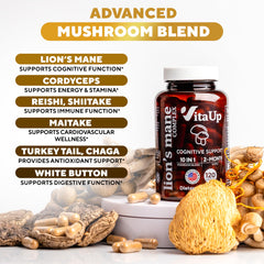 VitaUp 10-in-1 mushroom blend bottle promotes overall wellness.