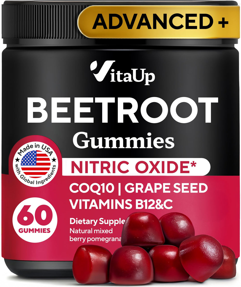 VitaUp beet root gummies bottle closeup for circulation support potential.