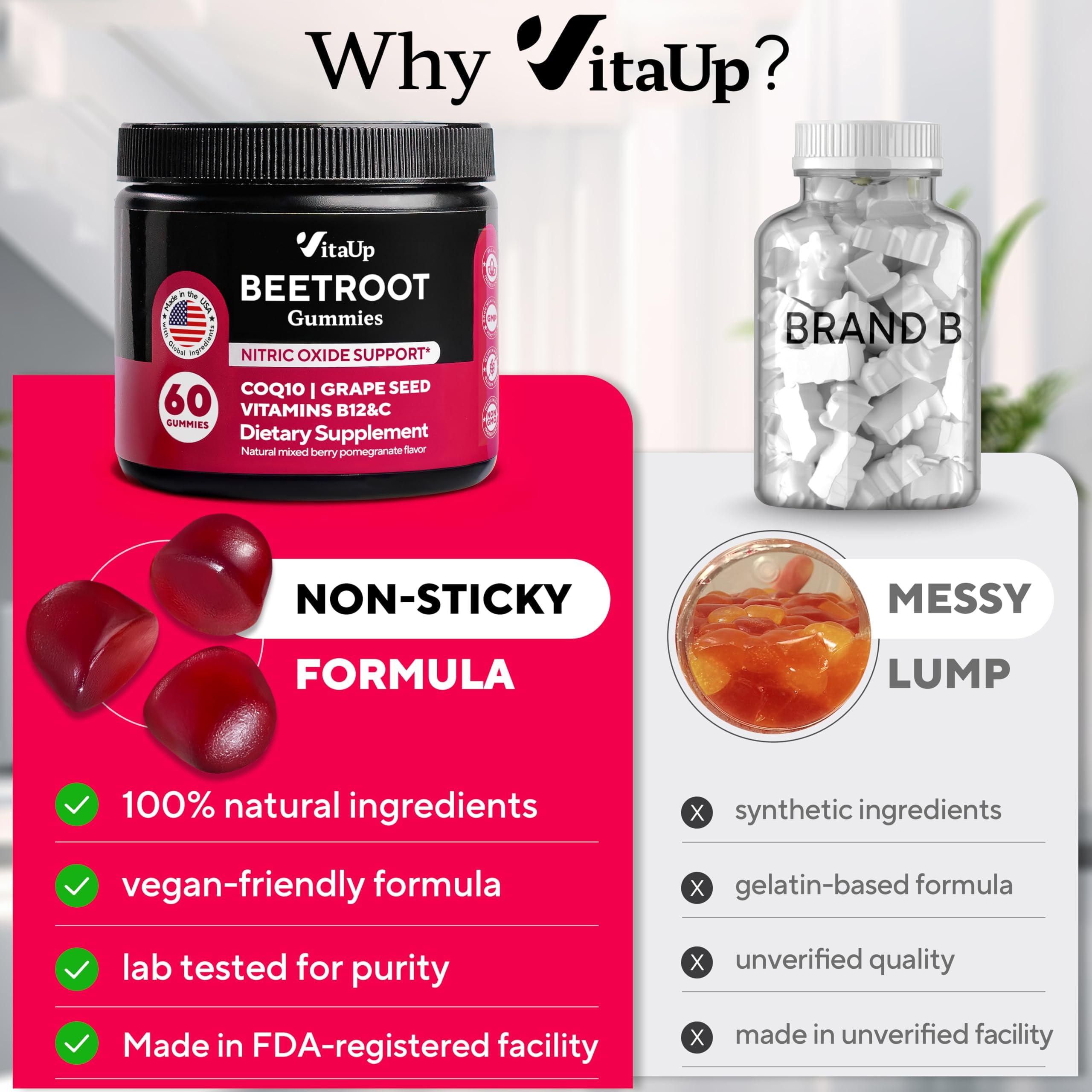 VitaUp beet root gummies with CoQ10, Vitamin C and B12 closeup has blend.