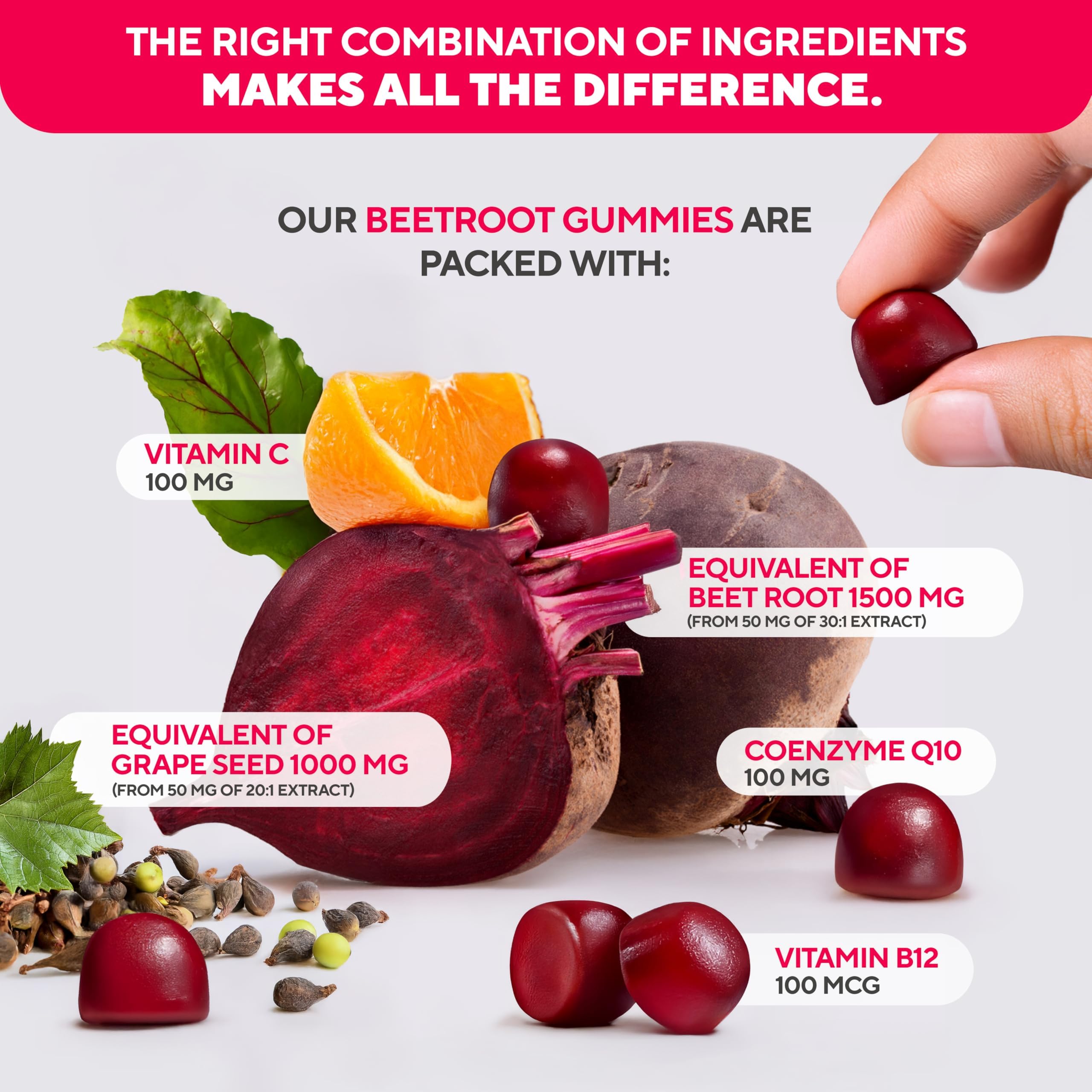 VitaUp beet root gummies label on jar highlighting ingredients for daily wellness.