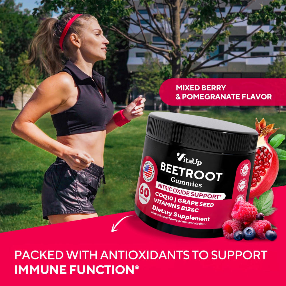 VitaUp beet root gummies with pomegranate notes suggesting fruity daily chew.