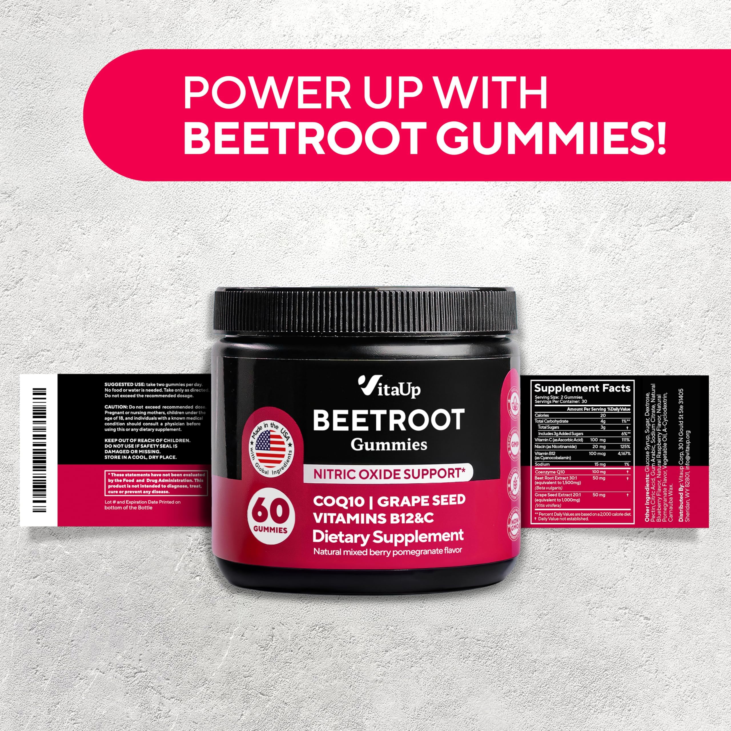 VitaUp beet root gummies supplement-packaging on shelf indicating quality.