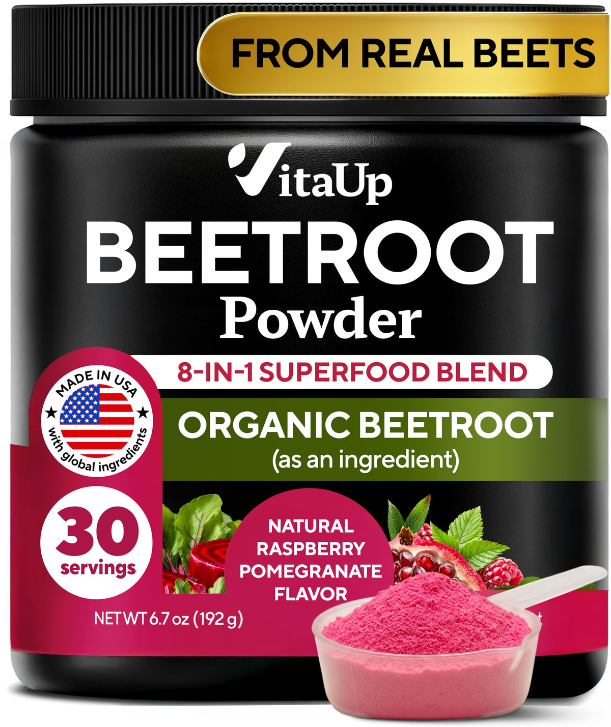 VitaUp beet root powder tub displaying the 8-in-1 blend for daily vitality