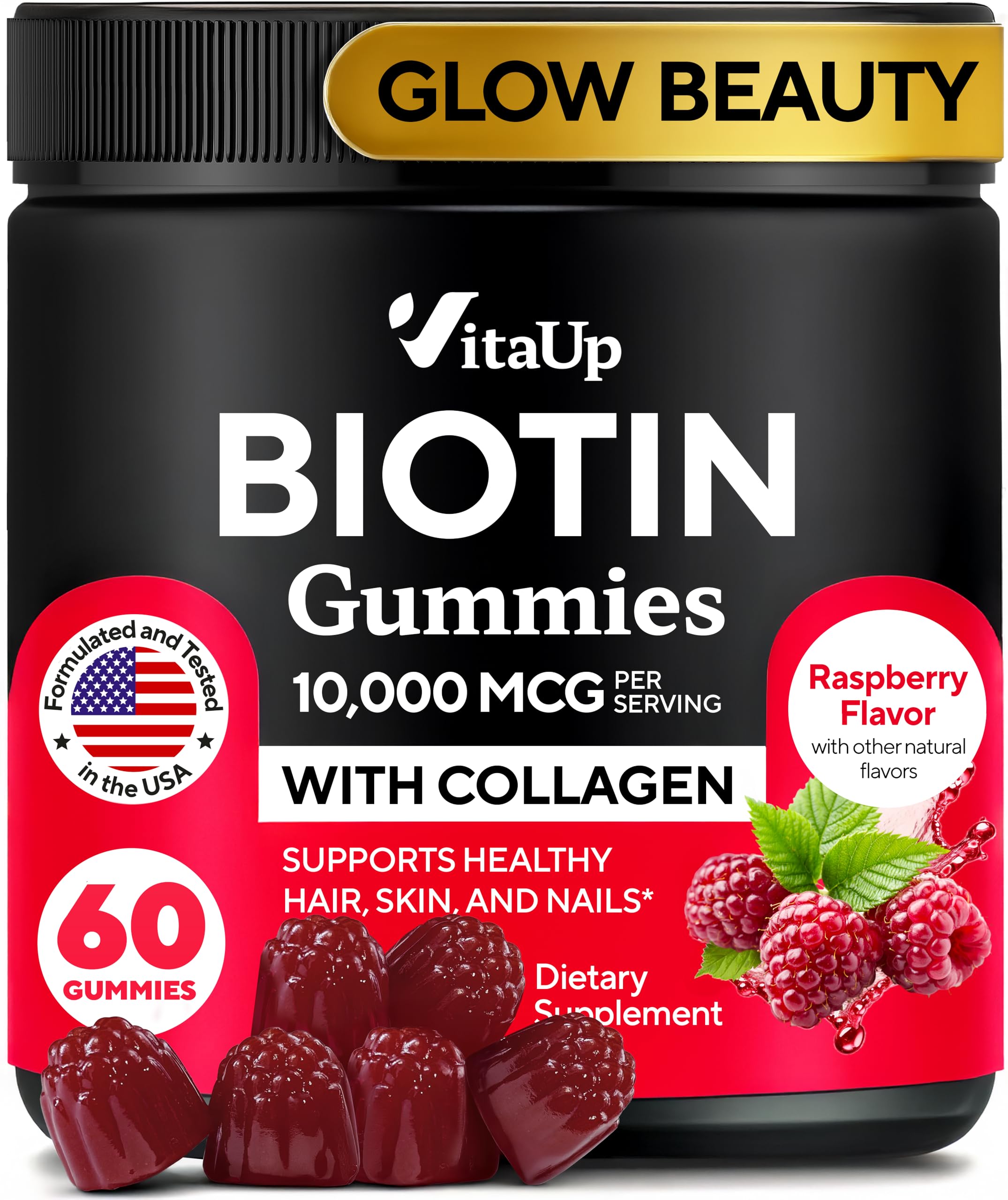 VitaUp Biotin Gummies bottle with raspberry flavor supports healthy-looking hair