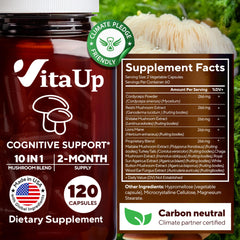 VitaUp mushroom blend jar shows cordyceps and shiitake for vitality.