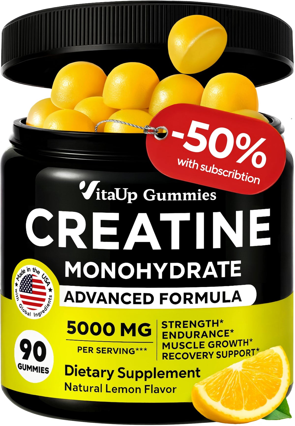 VitaUp Creatine Monohydrate Gummies bottle with lemon flavor supports workout energy.