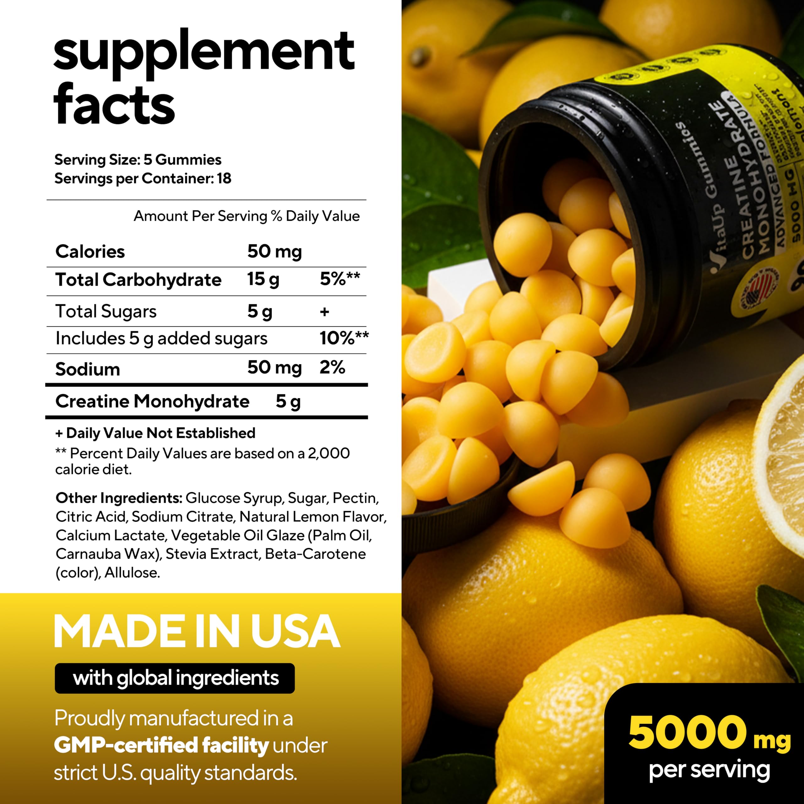 VitaUp Creatine Gummies packaging label highlights GMP-certified quality and vegan formula.