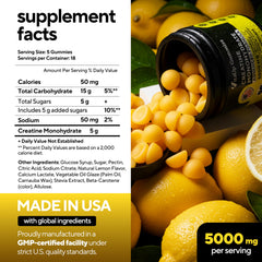 VitaUp Creatine Gummies packaging label highlights GMP-certified quality and vegan formula.