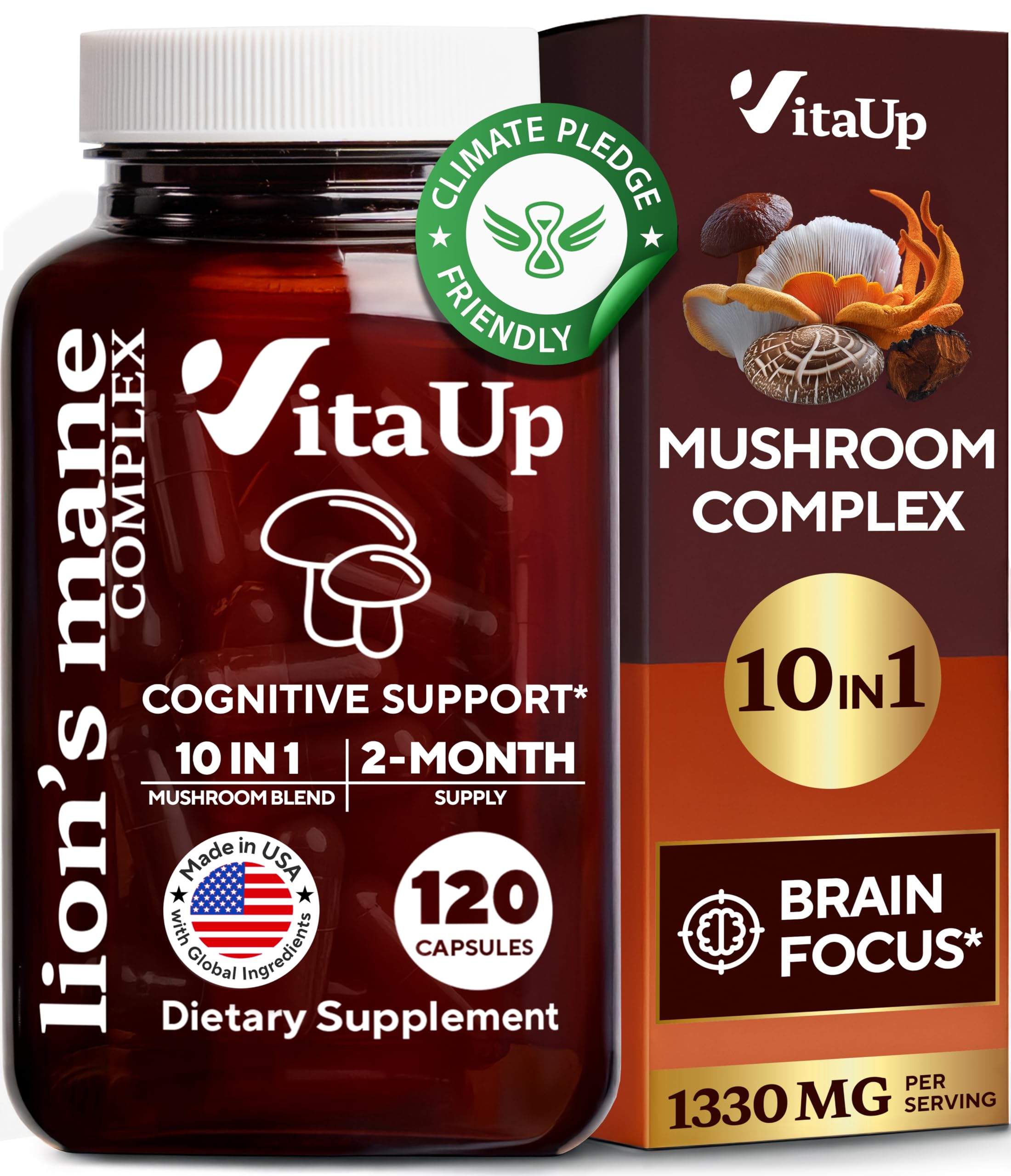 VitaUp Lions Mane capsules on a bottle, supporting daily focus.
