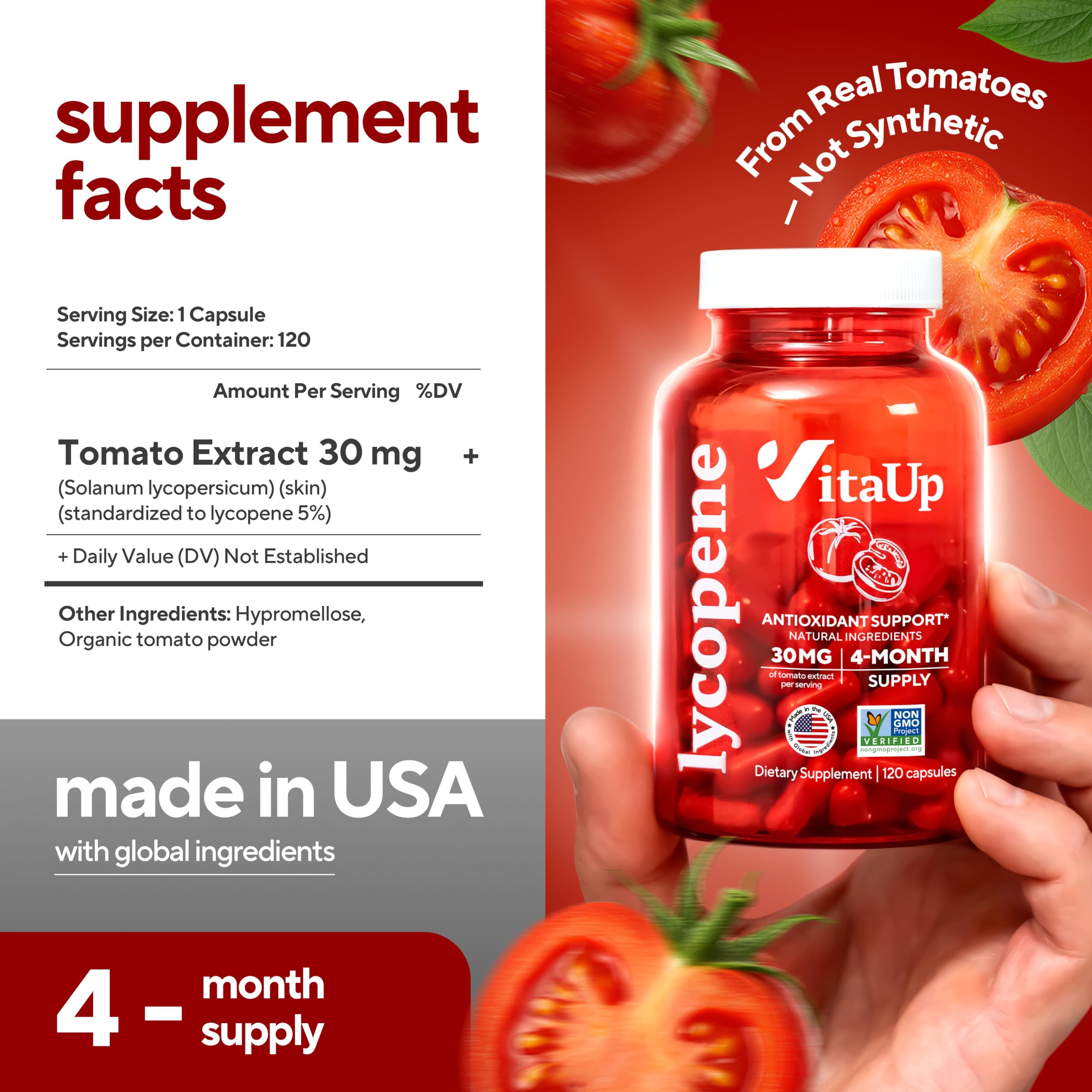 VitaUp Lycopene capsules close-up emphasizing non-GMO gluten-free formulation