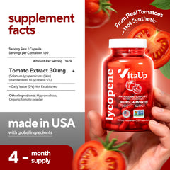 VitaUp Lycopene capsules close-up emphasizing non-GMO gluten-free formulation