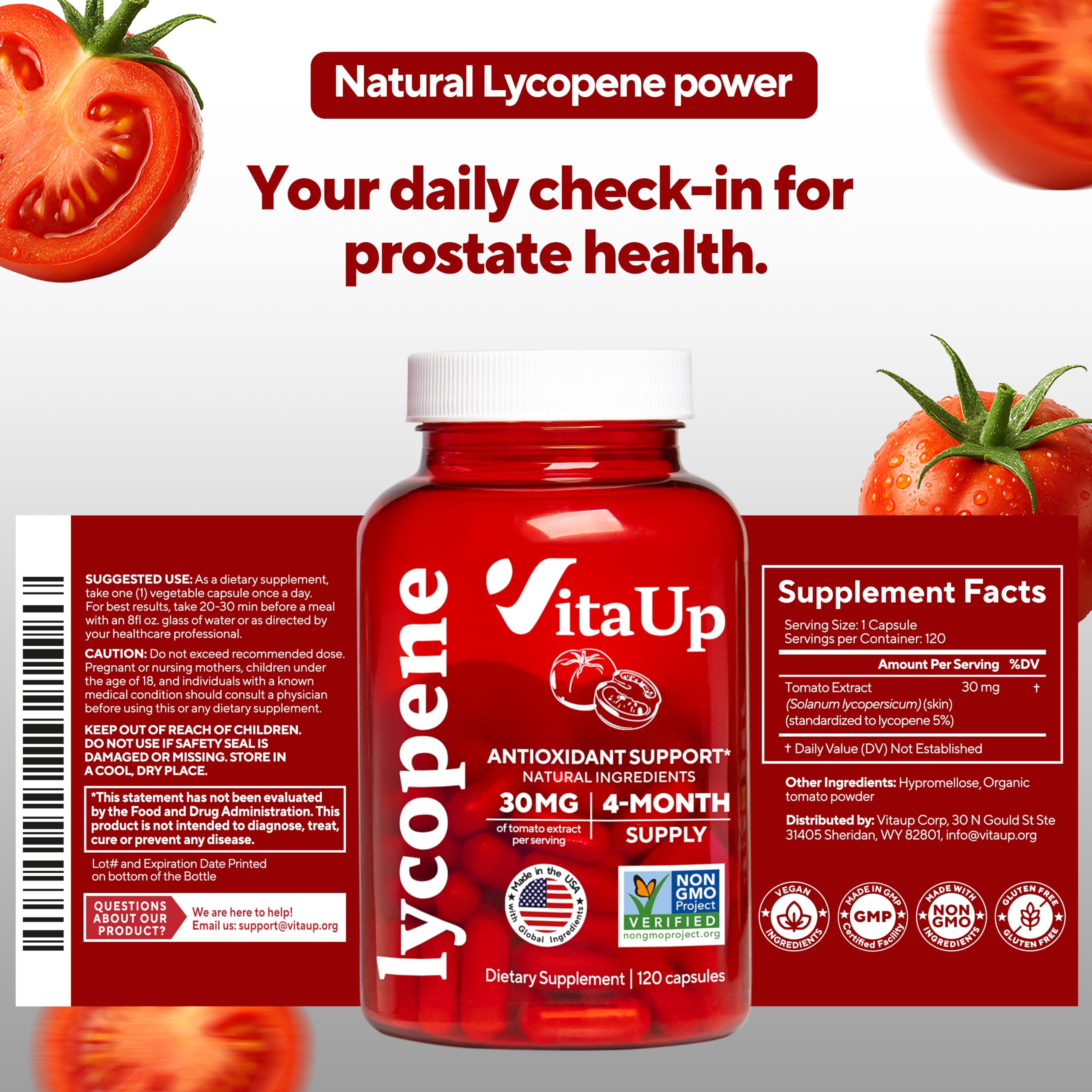 VitaUp Lycopene bottle beside skincare products for daily wellness routine