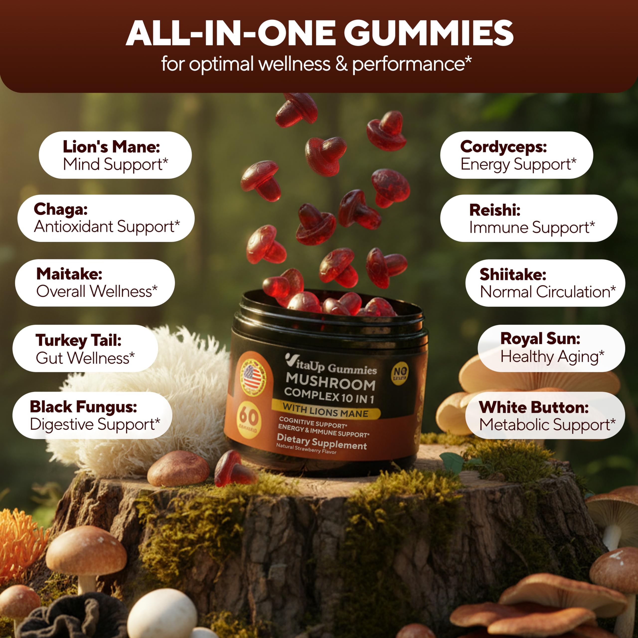 VitaUp Mushroom Gummies ingredient panel highlights the 10-mushroom blend