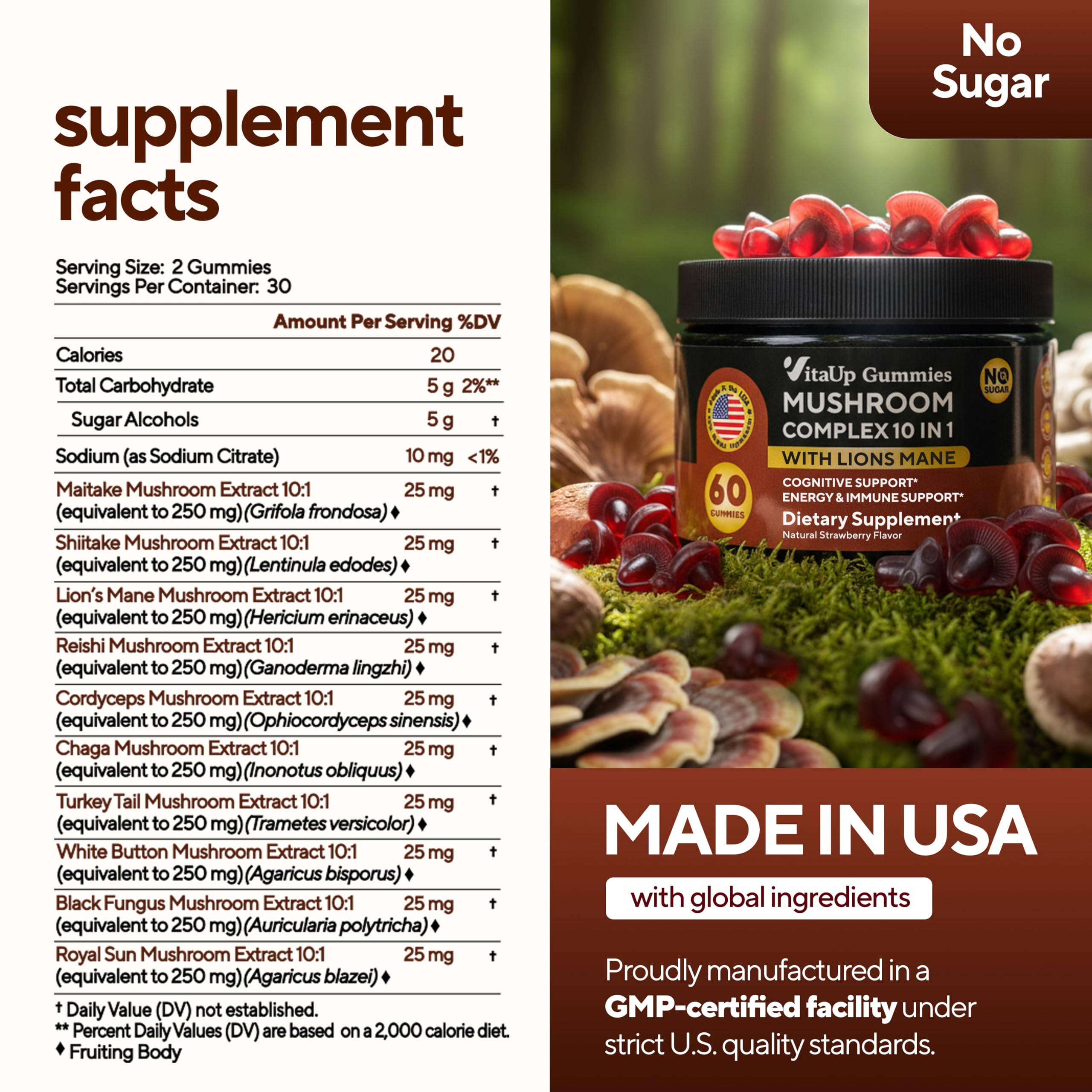 VitaUp Lions Mane close-up highlights cognitive support potential