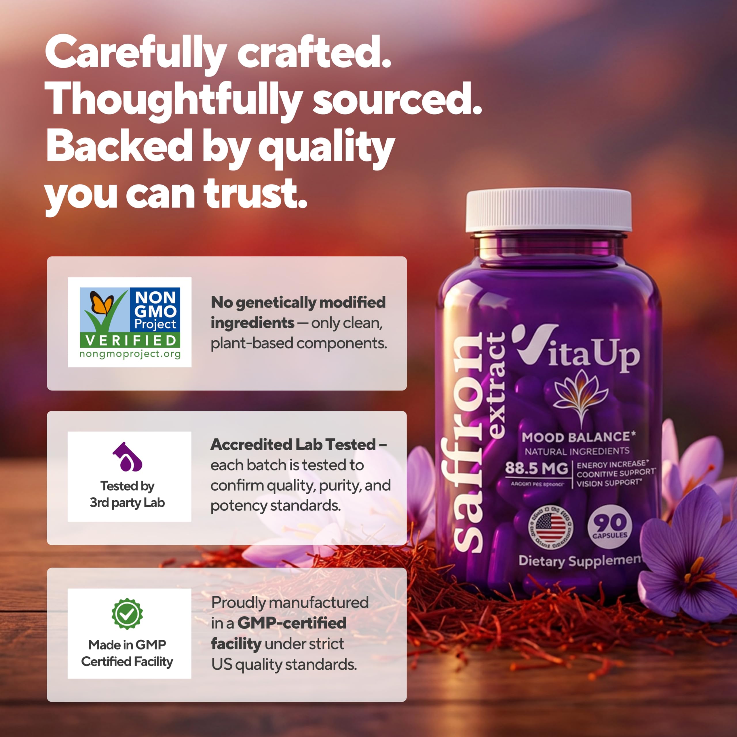 VitaUp saffron capsules poured into hand for convenient intake