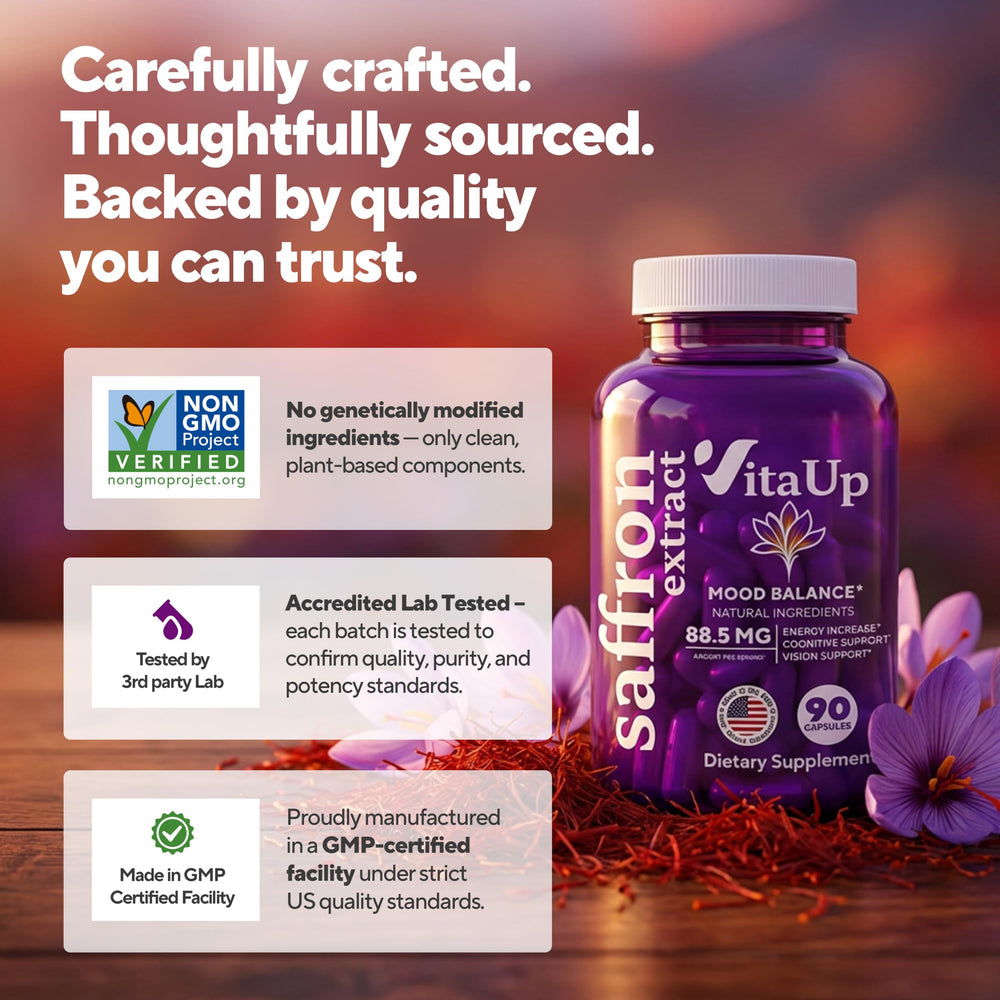 VitaUp saffron capsules poured into hand for convenient intake